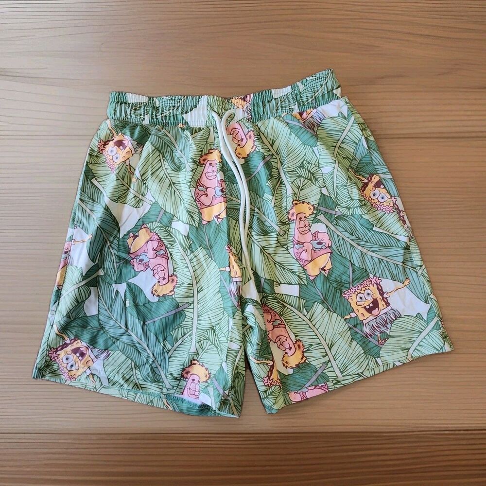 Nickelodeon SpongeBob & Patrick Mens S Swim Trunks Tropical Vibes Green EC!
